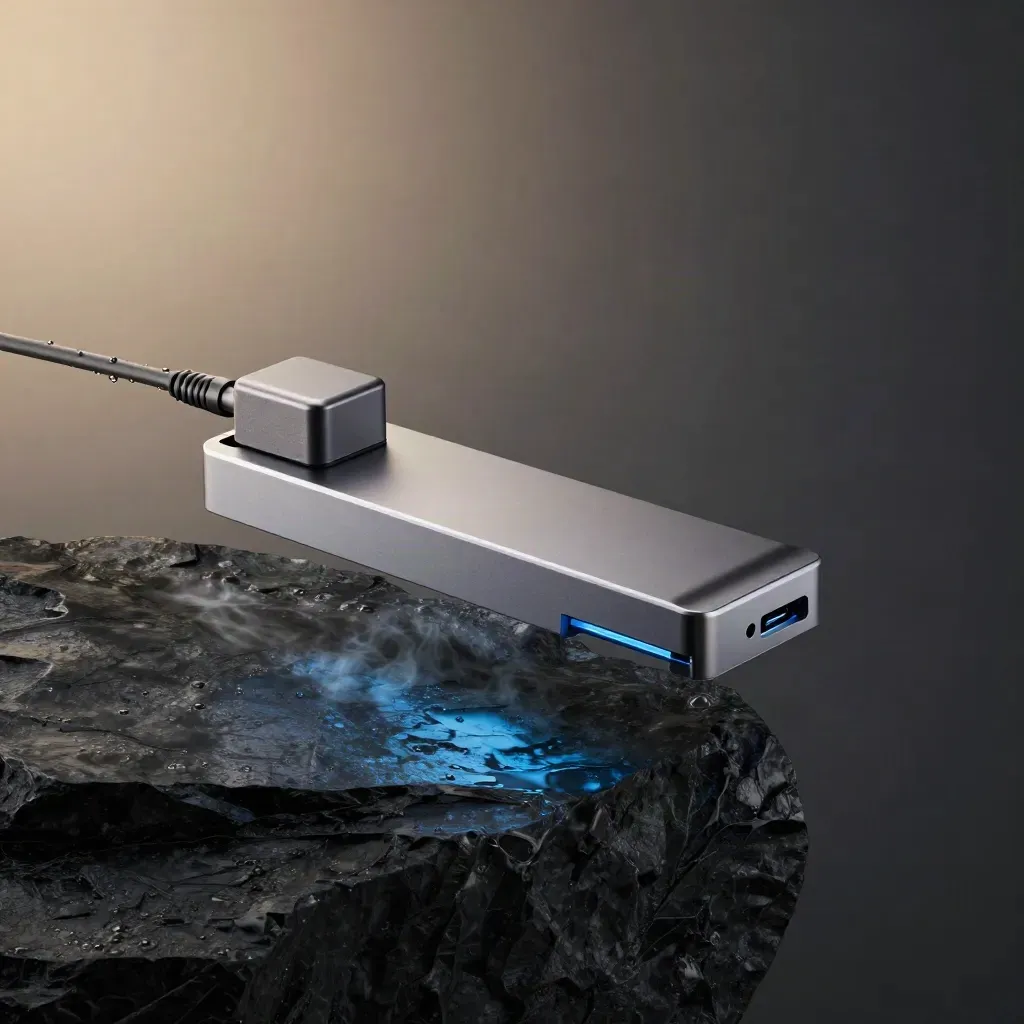 POS link kit floating above wet black stone with blue rim light and vapor