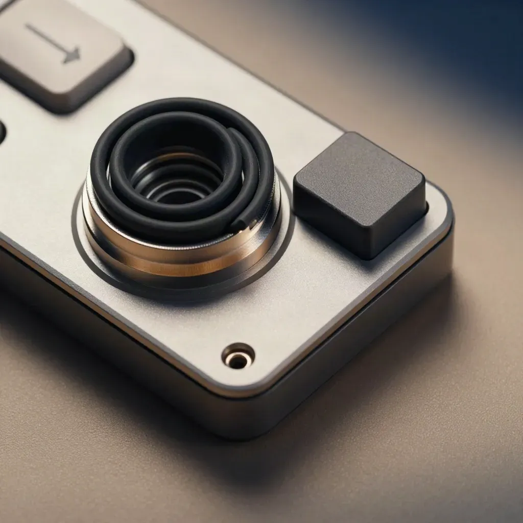 Macro of a square payment dock, cable loop, and spacer block on a sand surface.