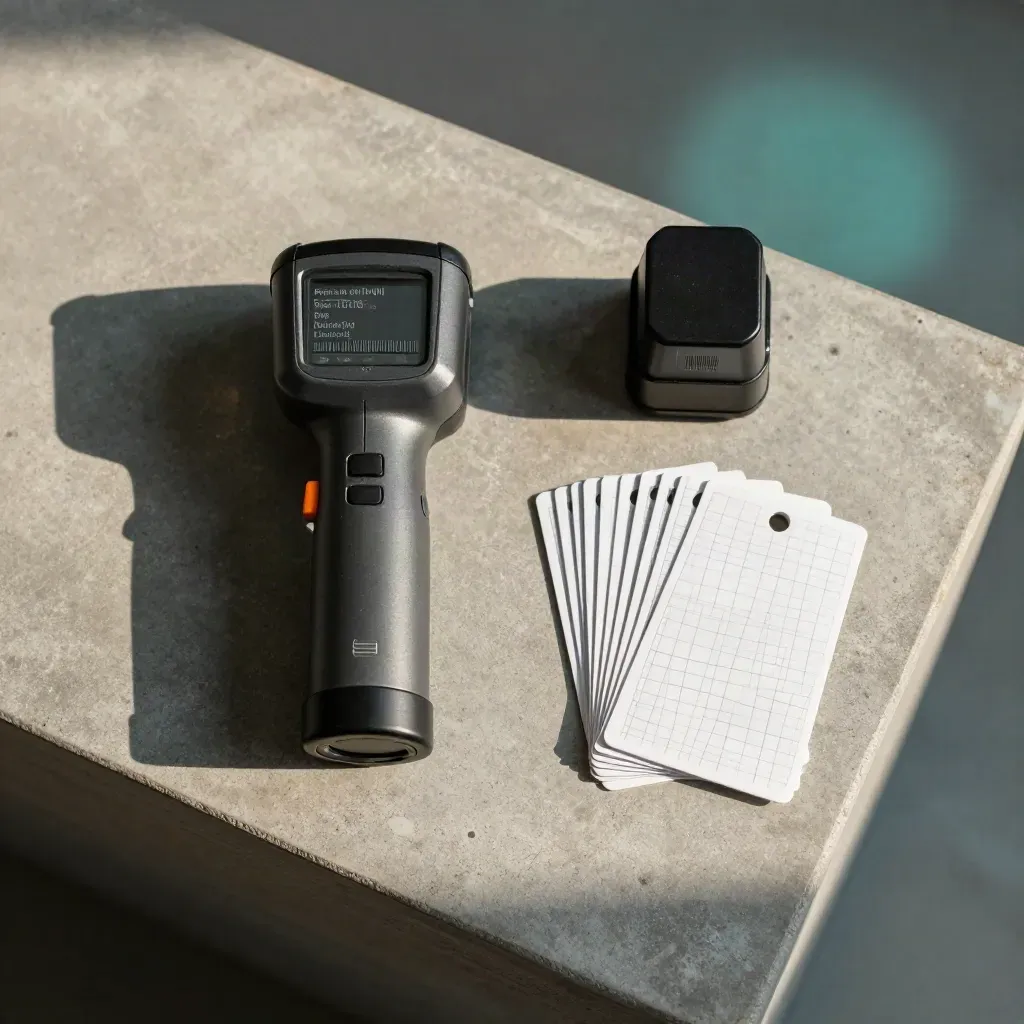 Overhead flatlay of scanner, battery pack, cradle and shelf tags on concrete