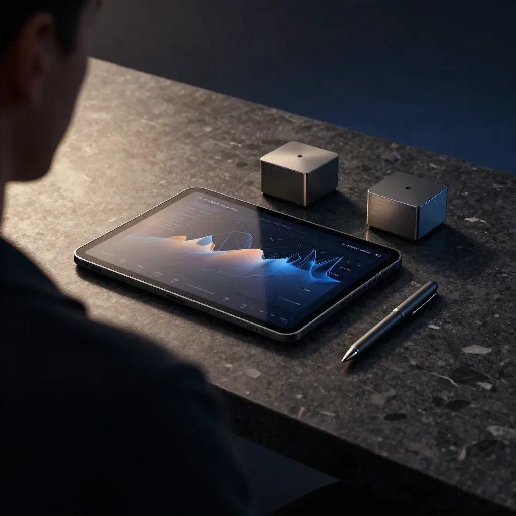 Tablet with analytics glow, sensor cubes and pen cap on dark travertine under dramatic studio light