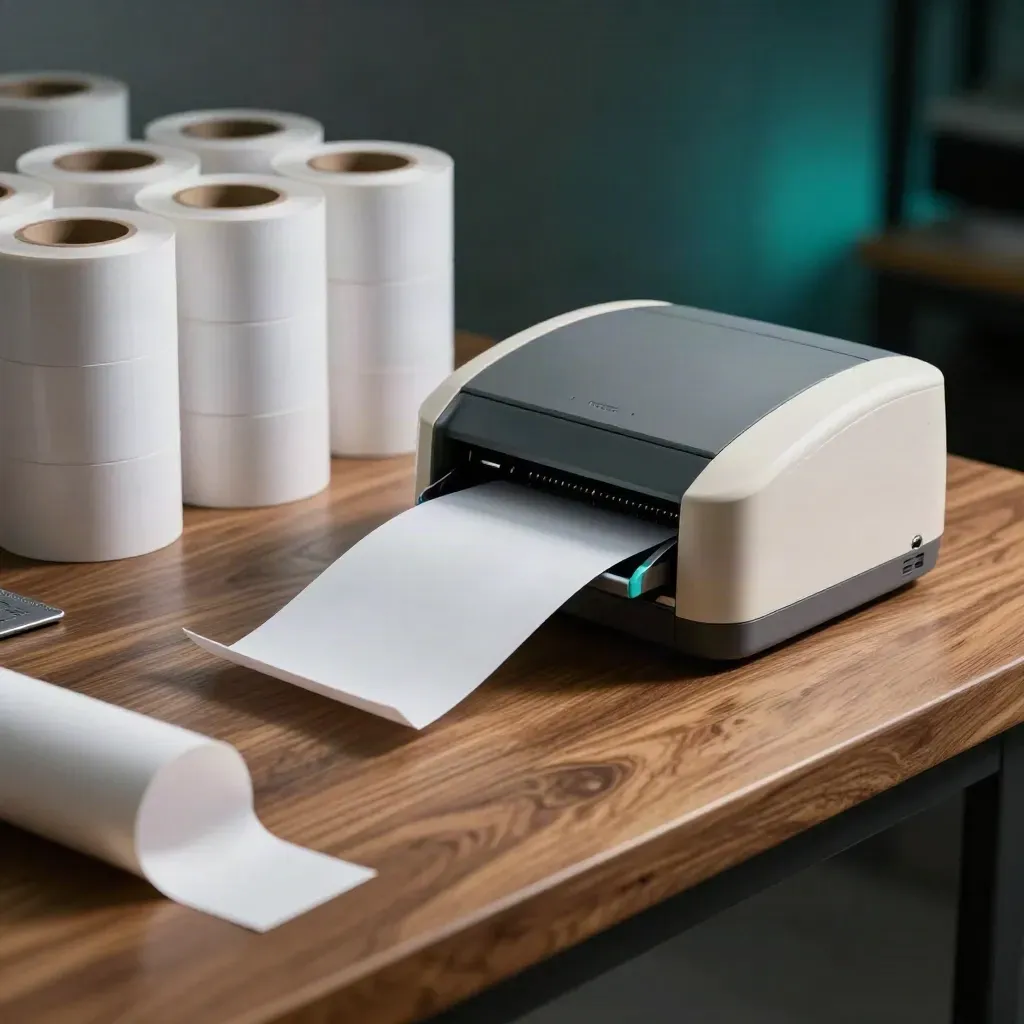 Macro barcode label rolls and thermal printer shell on a warm retail workbench.