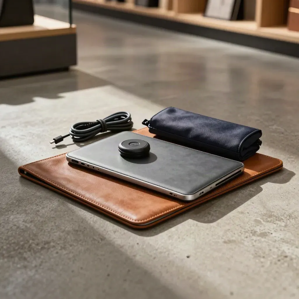 Retail automation kit on polished concrete floor with sleeve, puck, pouch and folio.