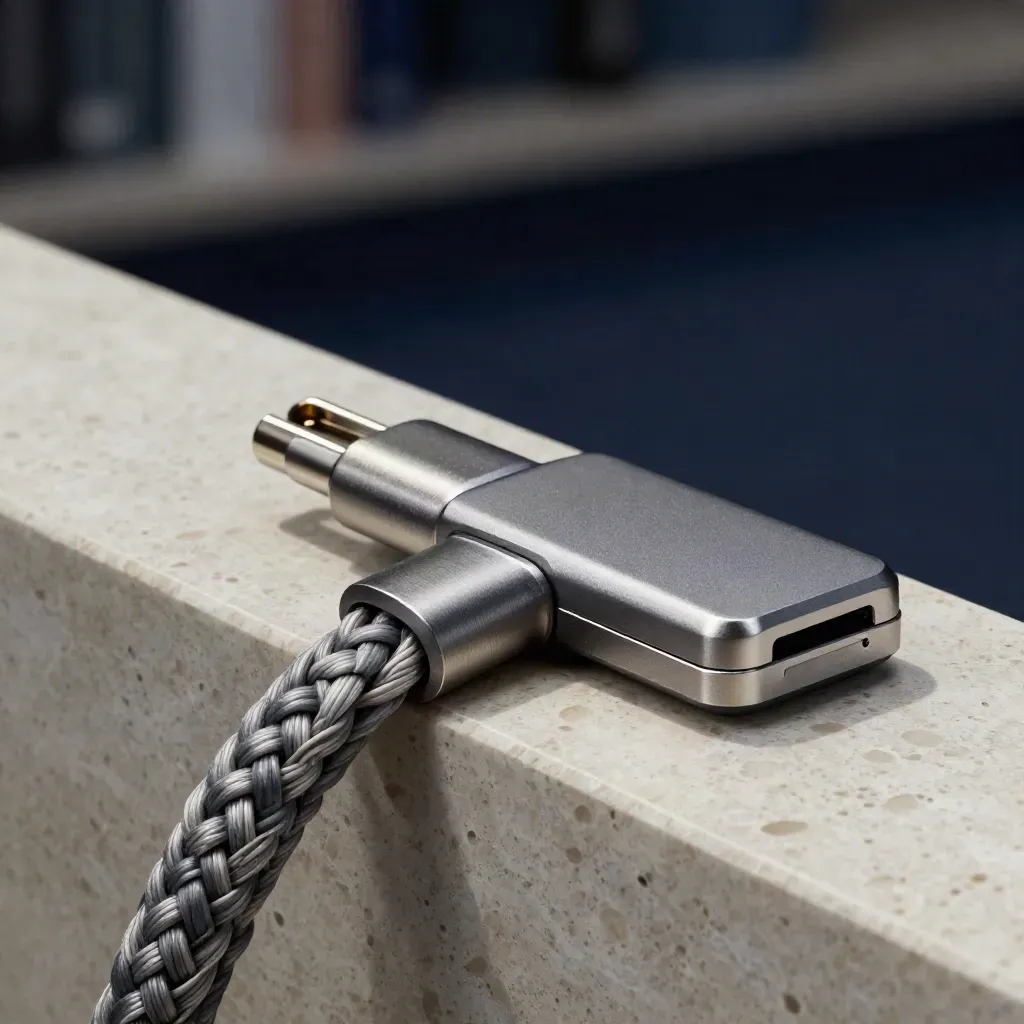 Macro of a stock sync module cable braid and adapter mid-connection on travertine.