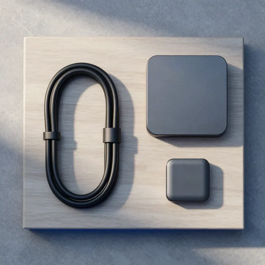 Overhead flatlay of a POS Link dock, coiled cable, and blank puck on pale ash wood