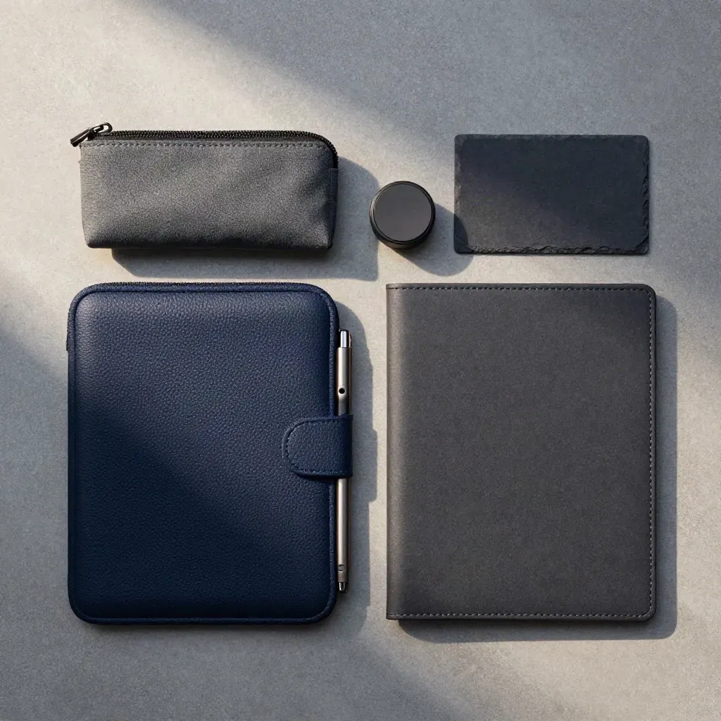 Overhead audit kit with navy sleeve, pouch, sensor puck and folio on cool concrete.