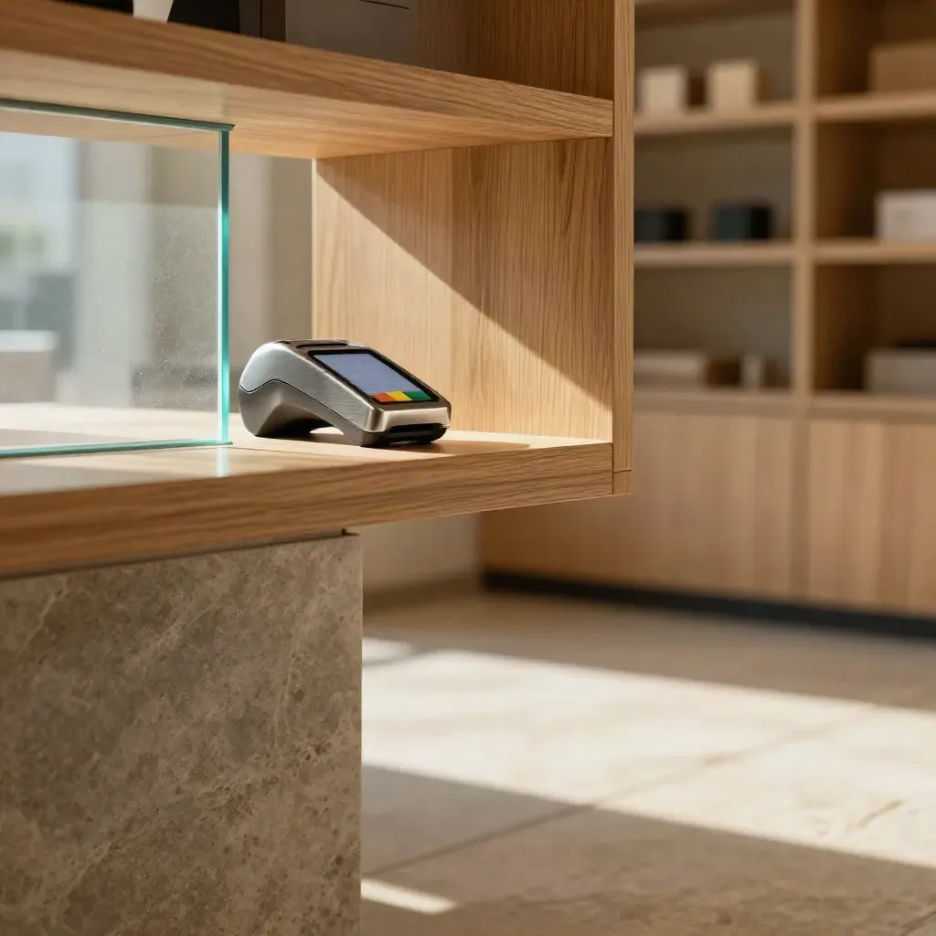 Sunlit retail interior with POS hardware, stone counter, oak shelving, and dust in the light.